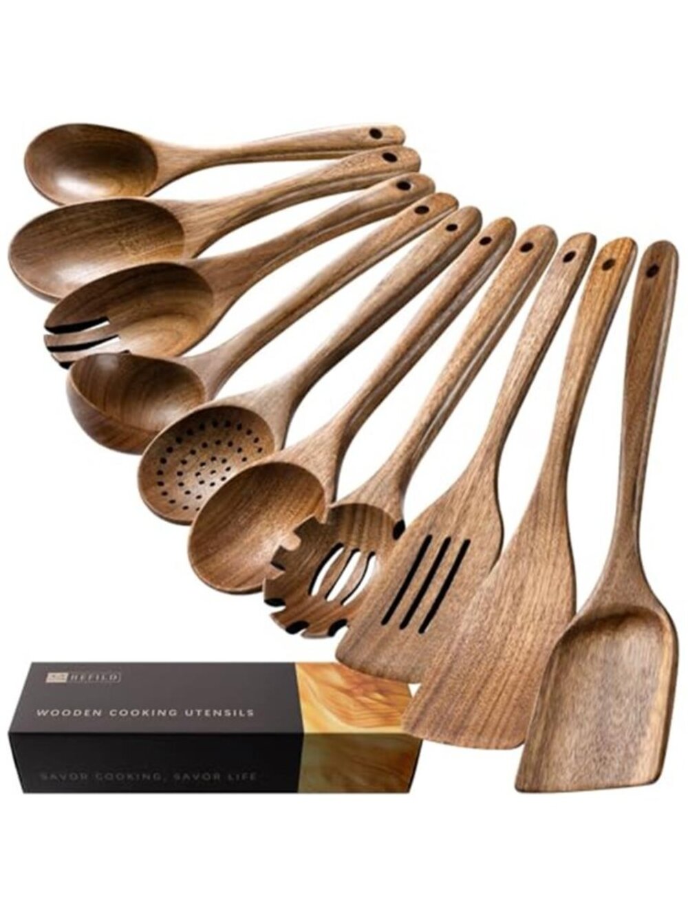 Wooden Spoons for Cooking, Nonstick Cooking Utensil Set with 10 Piece Acacia